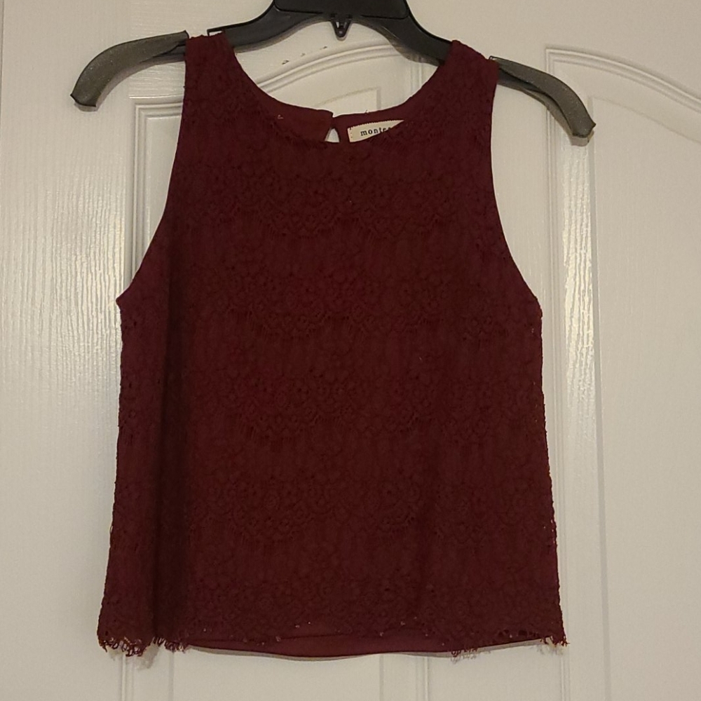 Maroon sleeveless shirt with lace overlay